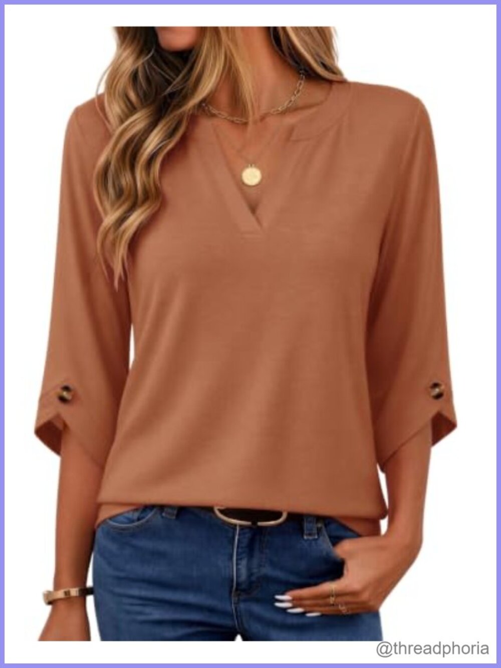 Womens 3/4 Sleeve V-Neck Blouse Casual Dressy Flowy Tunic Top